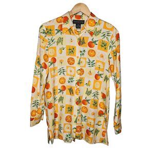 AUGUST SILK Button Up Blouse 4 100% Silk Citrus Fruit Floral Cheerful Fun Quirky
